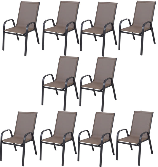 BTExpert Brown Restaurant Flexible Sling Stack Chairs, Metal Frame, Indoor Outdoor Patio - Set of 10