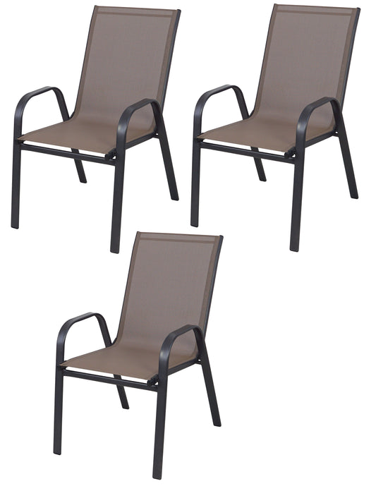 BTExpert Brown Restaurant Flexible Sling Stack Chairs, Metal Frame, Indoor Outdoor Patio - Set of 3