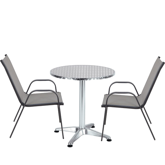 BTExpert 23.75" Round Steel Table + 2 Gray Flexible Sling Stack Chairs Indoor Outdoor Commercial Lightweight