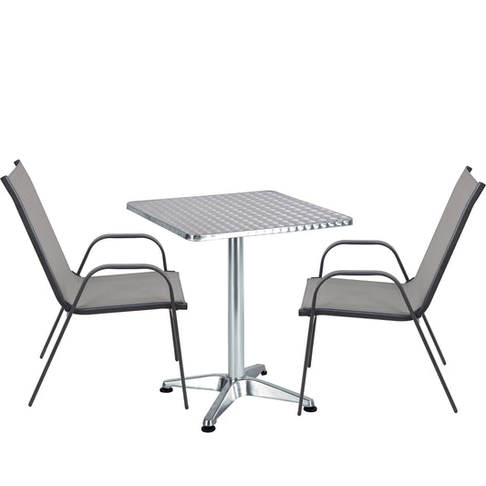 BTExpert 23.75" Square Table Steel Silver Aluminum + 2 Gray Sling Stack Chairs Indoor Outdoor Commercial Lightweight