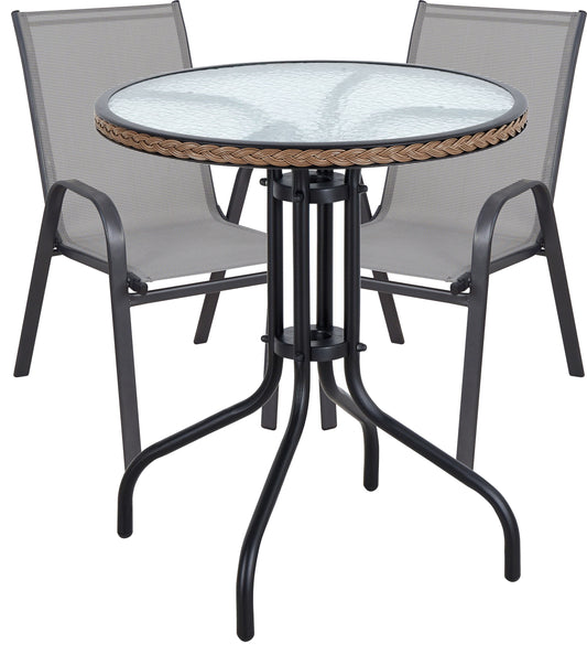 BTExpert Indoor Outdoor 28" Round Tempered Glass Metal Table Brown Rattan + 2 Gray Sling Stack Chairs