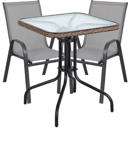 BTExpert Indoor Outdoor 28" Square Glass Metal Table w/ Brown Rattan + 2 Gray Sling Stack Chairs