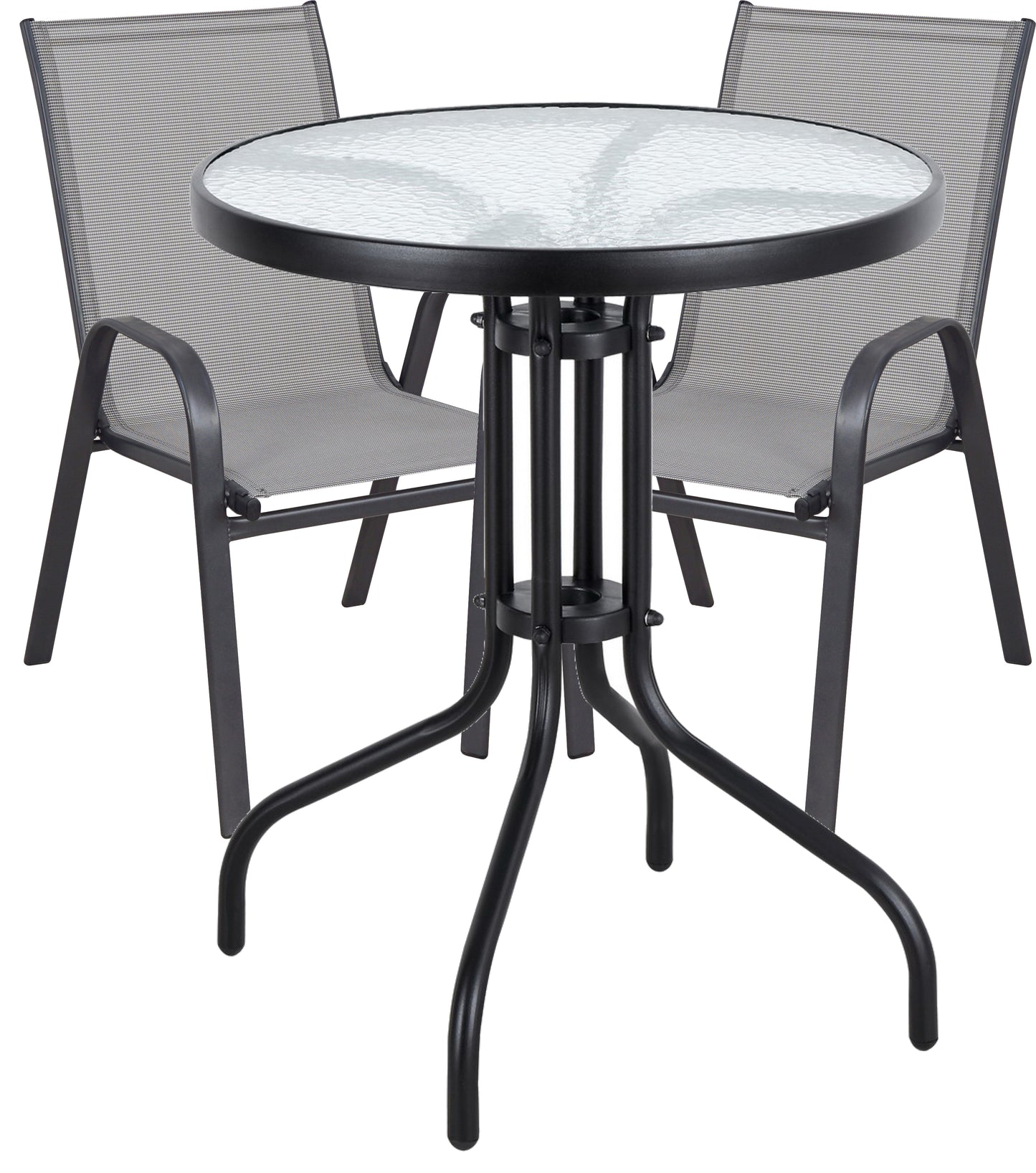 BTExpert Indoor Outdoor 23.75" Round Tempered Glass Metal Table + 2 Gray Flexible Sling Stack Chairs