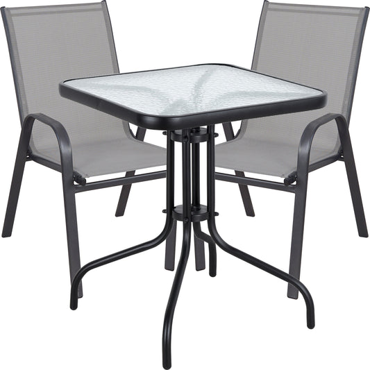 BTExpert Indoor Outdoor 23.75" Square Tempered Glass Metal Table + 2 Gray Flexible Sling Stack Chairs