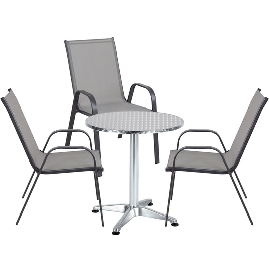 BTExpert 23.75" Round Steel Table + 3 Gray Flexible Sling Stack Chairs Indoor Outdoor Commercial Lightweight