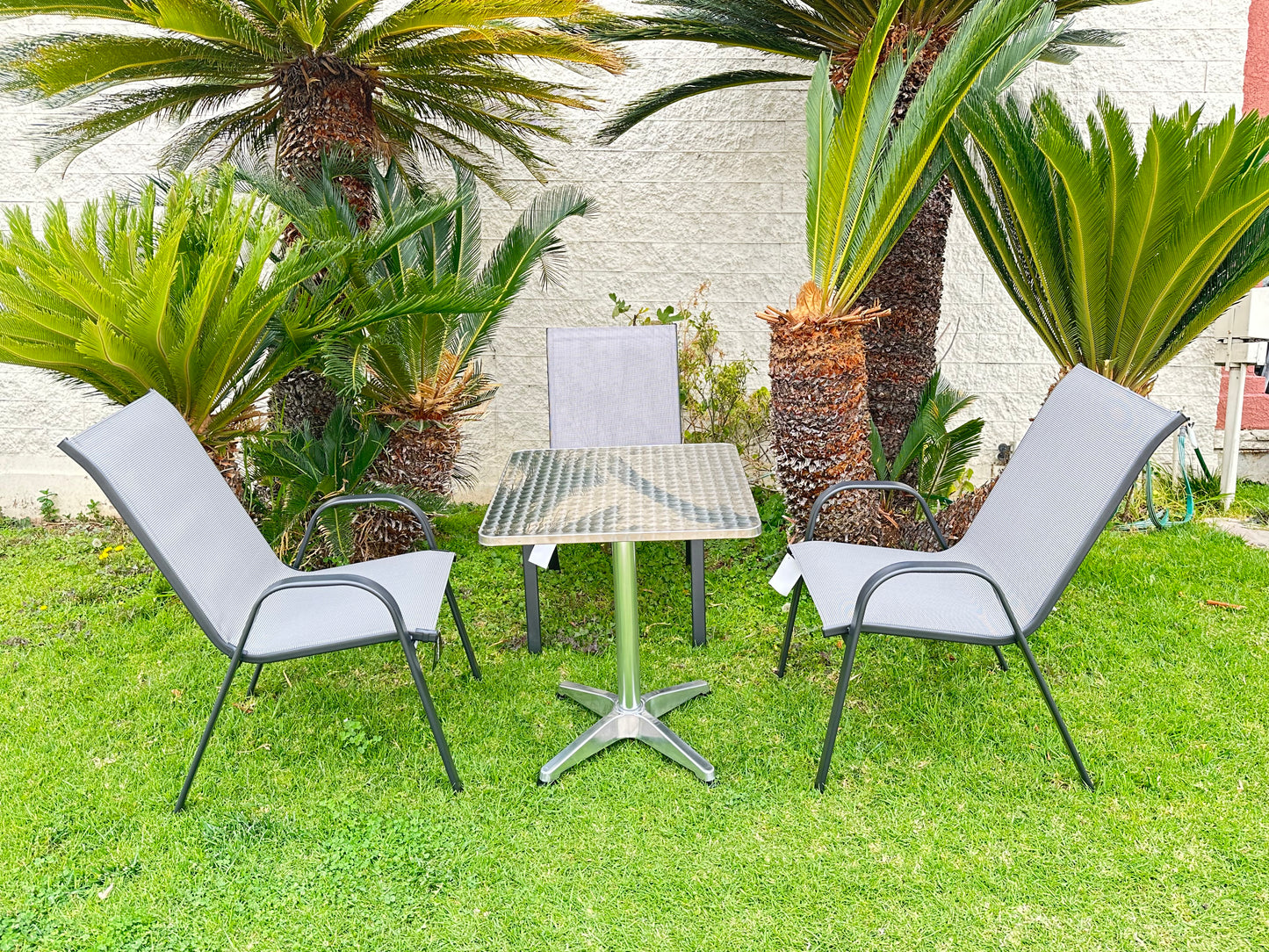 BTExpert 23.75" Square Steel Table + 3 Gray Flexible Sling Stack Chairs Indoor Outdoor Commercial Lightweight