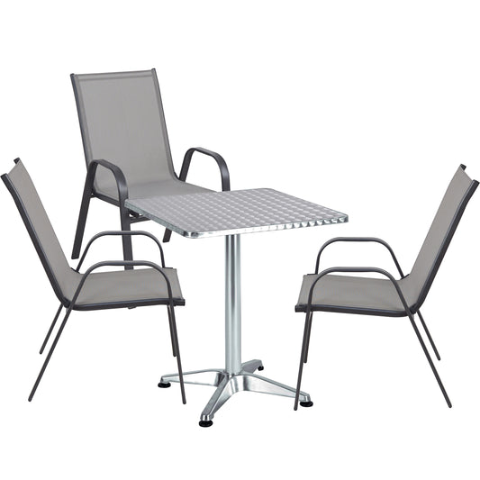 BTExpert 23.75" Square Steel Table + 3 Gray Flexible Sling Stack Chairs Indoor Outdoor Commercial Lightweight