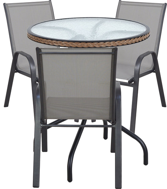 BTExpert Indoor Outdoor 28" Round Tempered Glass Table Brown Rattan Trim + 3 Gray Sling Stack Chairs