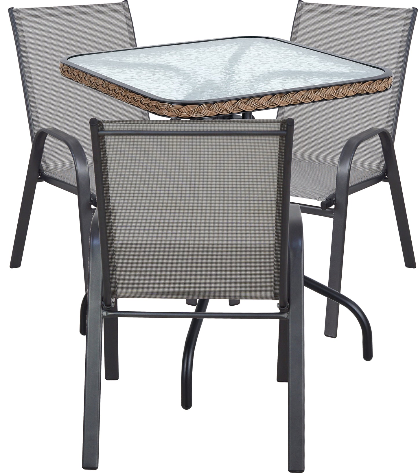BTExpert Indoor Outdoor 28" Square Glass Metal Table w/ Brown Rattan + 3 Gray Flexible Sling Chairs