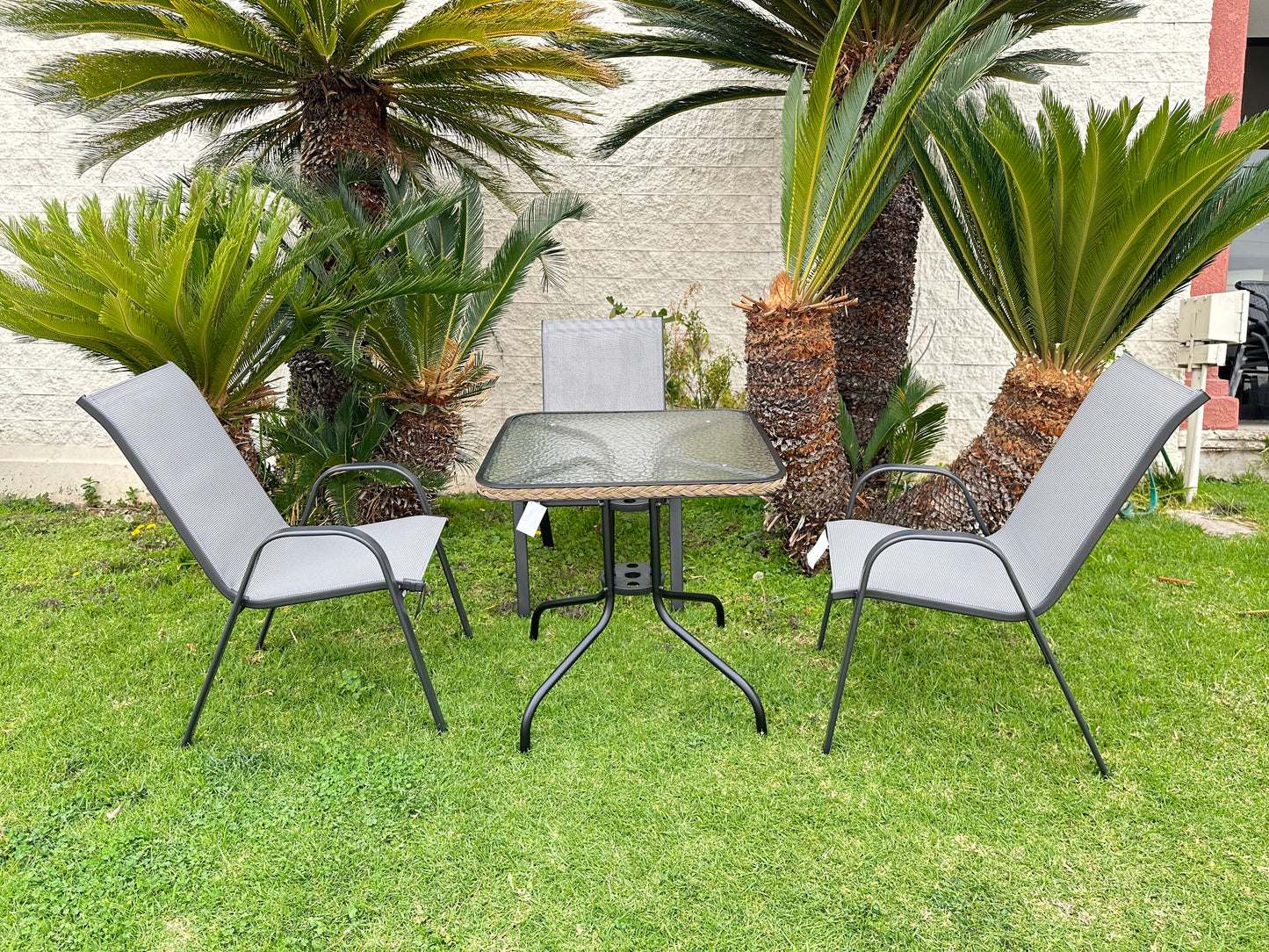 BTExpert Indoor Outdoor 28" Square Glass Metal Table w/ Brown Rattan + 3 Gray Flexible Sling Chairs