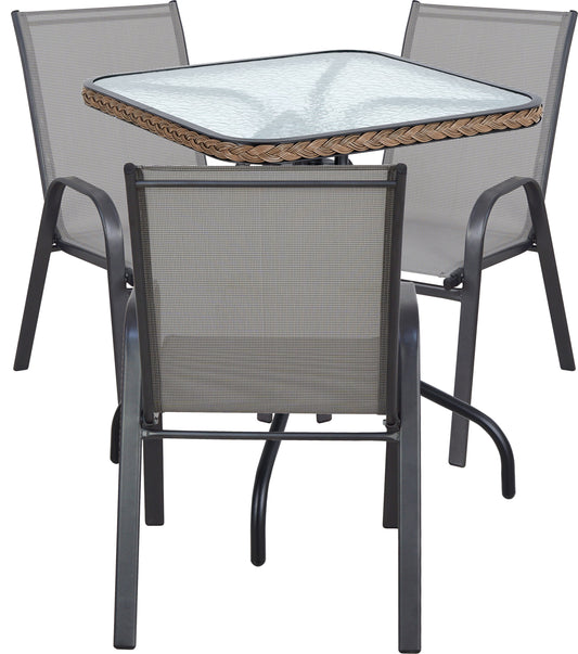 BTExpert Indoor Outdoor 28" Square Glass Metal Table w/ Brown Rattan + 3 Gray Flexible Sling Chairs