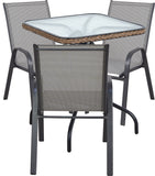 BTExpert Indoor Outdoor 28" Square Glass Metal Table w/ Brown Rattan + 3 Gray Flexible Sling Chairs