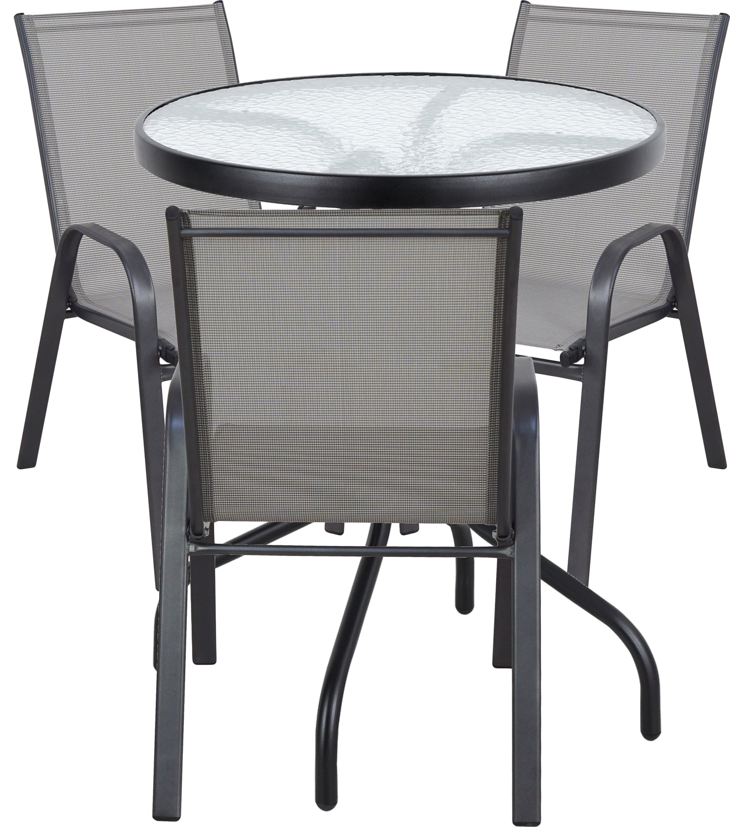 BTExpert Indoor Outdoor 23.75" Round Tempered Glass Metal Table + 3 Gray Flexible Sling Stack Chairs