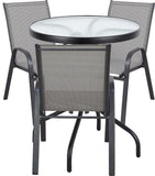 BTExpert Indoor Outdoor 23.75" Round Tempered Glass Metal Table + 3 Gray Flexible Sling Stack Chairs