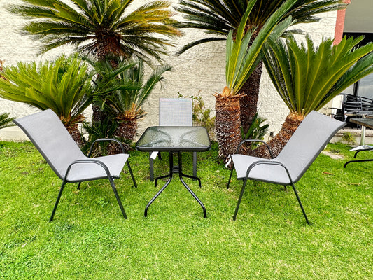 BTExpert Indoor Outdoor 23.75" Square Tempered Glass Metal Table + 3 Gray Flexible Sling Stack Chairs