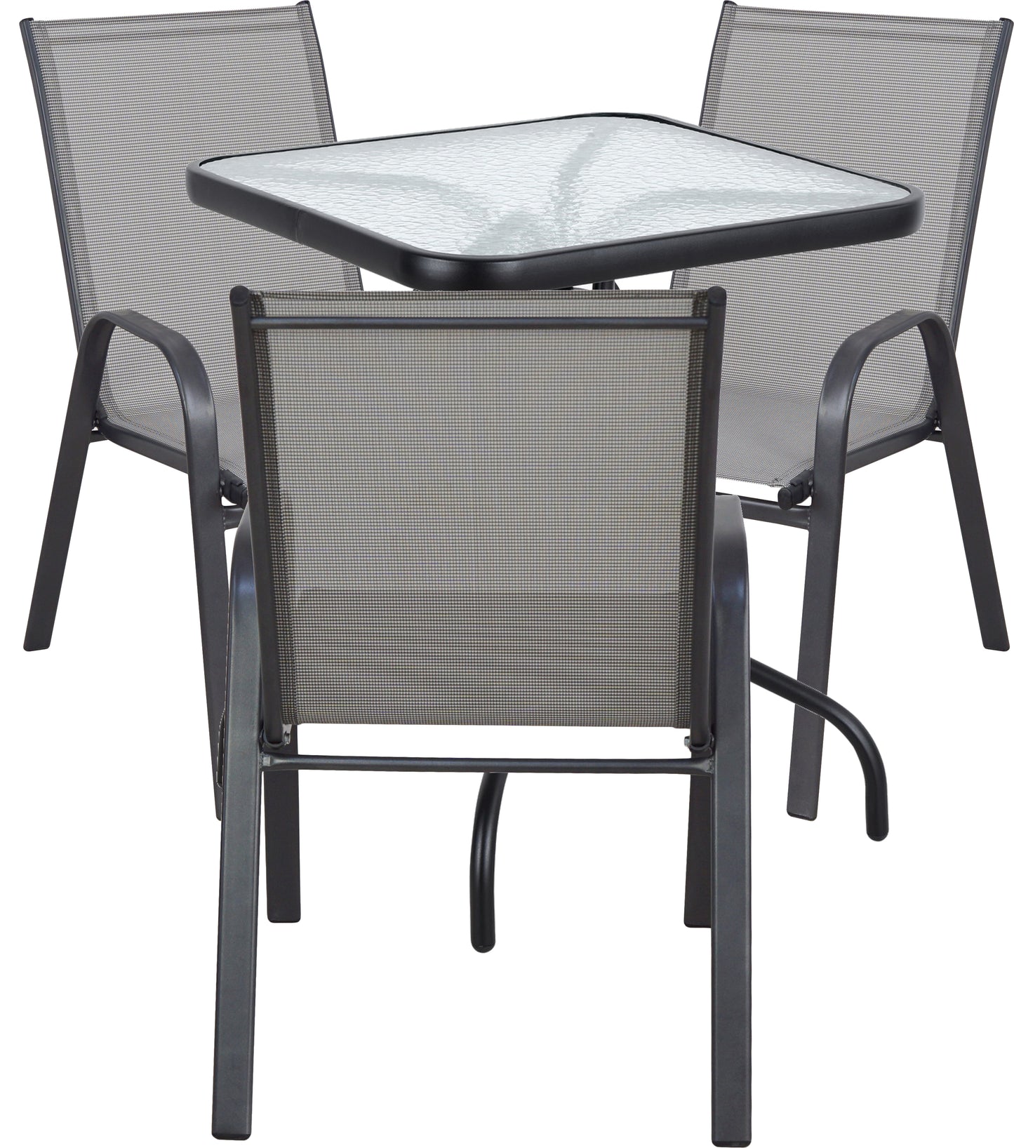 BTExpert Indoor Outdoor 23.75" Square Tempered Glass Metal Table + 3 Gray Flexible Sling Stack Chairs