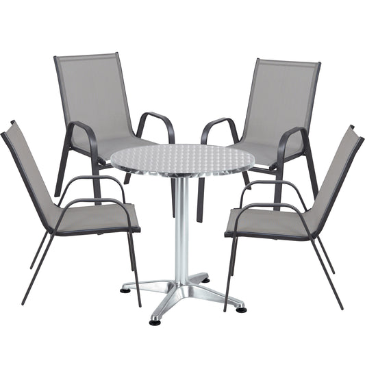 BTExpert 23.75" Round Steel Table + 4 Gray Flexible Sling Stack Chairs Indoor Outdoor Commercial Lightweight