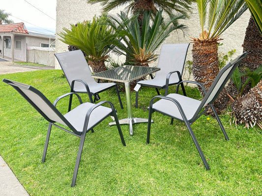 BTExpert 23.75" Square Steel Table + 4 Gray Flexible Sling Stack Chairs Indoor Outdoor Commercial Lightweight