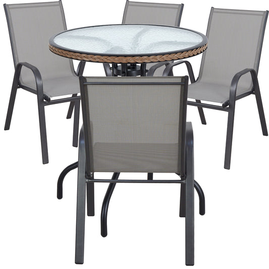 BTExpert Indoor Outdoor 28" Round Glass Metal Table w/ Brown Rattan + 4 Gray Sling Stack Chairs
