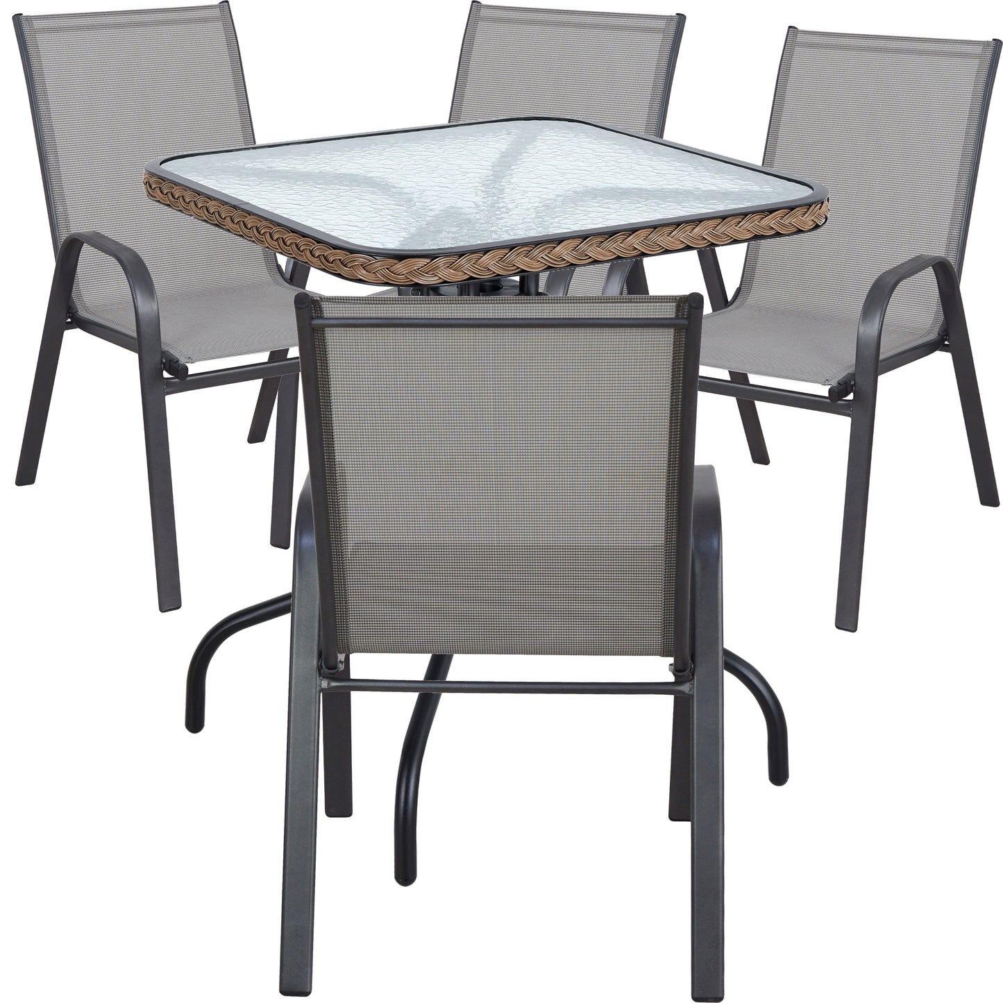 BTExpert Indoor Outdoor 28" Square Glass Metal Table w/ Brown Rattan Trim + 4 Gray Flexible Sling Chairs