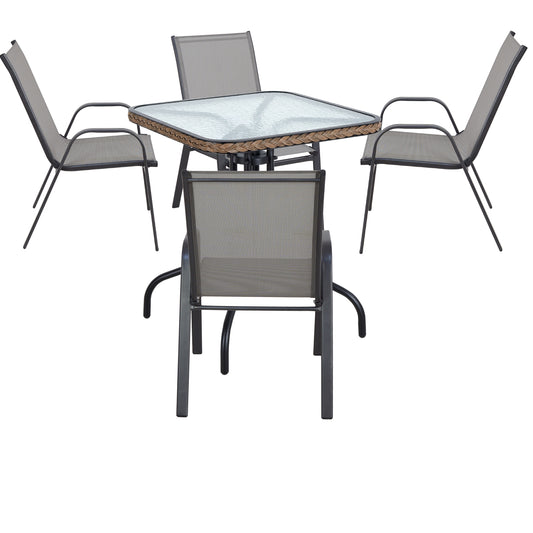 BTExpert Indoor Outdoor 28" Square Glass Metal Table w/ Brown Rattan Trim + 4 Gray Flexible Sling Chairs