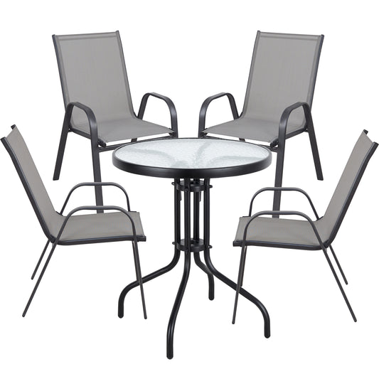 BTExpert 23.75" Round Glass Metal Table + 4 Gray Sling Stack Chairs, Indoor Outdoor Commercial Lightweight