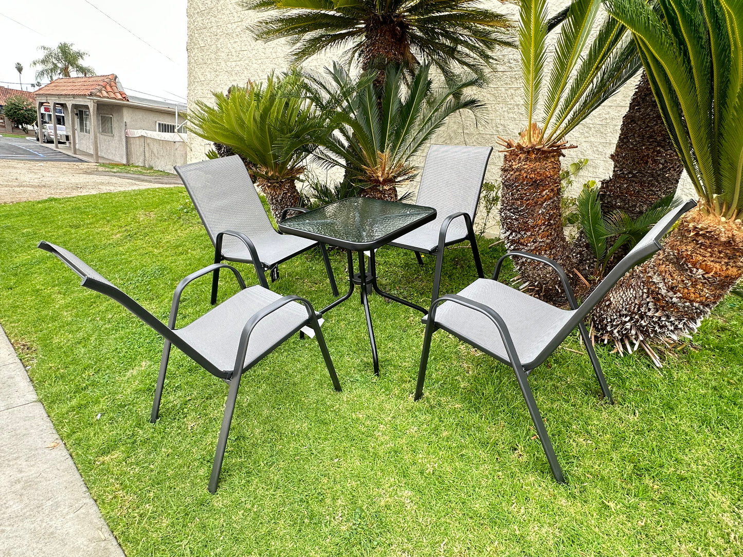 BTExpert 23.75" Square Glass Metal Table + 4 Gray Sling Chairs, Indoor Outdoor Commercial Lightweight