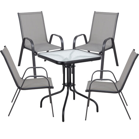 BTExpert 23.75" Square Glass Metal Table + 4 Gray Sling Chairs, Indoor Outdoor Commercial Lightweight