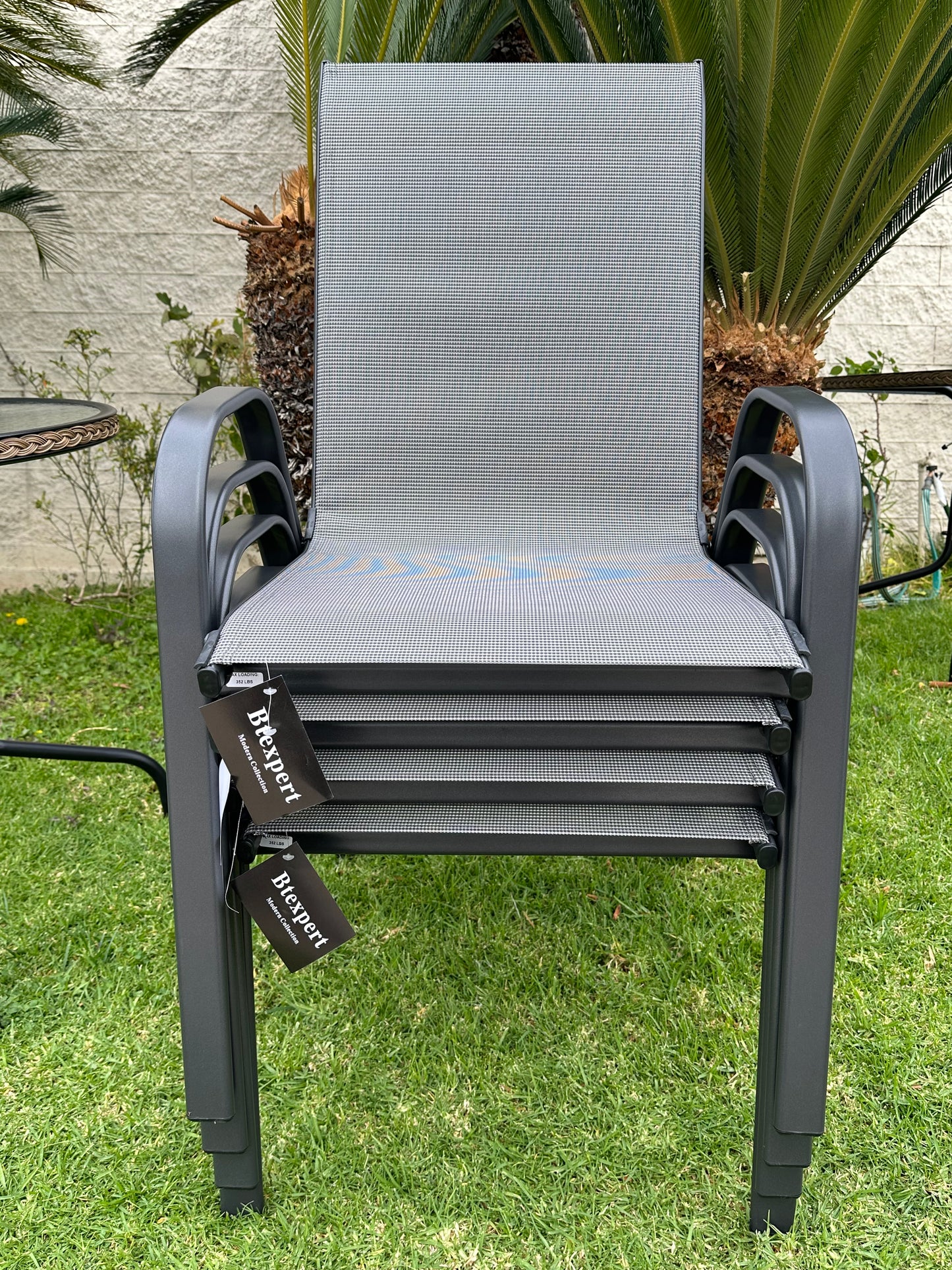 BTExpert Indoor Outdoor 23.75" Round Tempered Glass Metal Table + 2 Gray Flexible Sling Stack Chairs