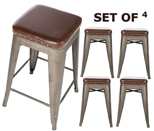 BTExpert Stackable 24" PU Upholstered Barstools, Nail Trim, Vintage Bronze Industrial Accent - Set of 4