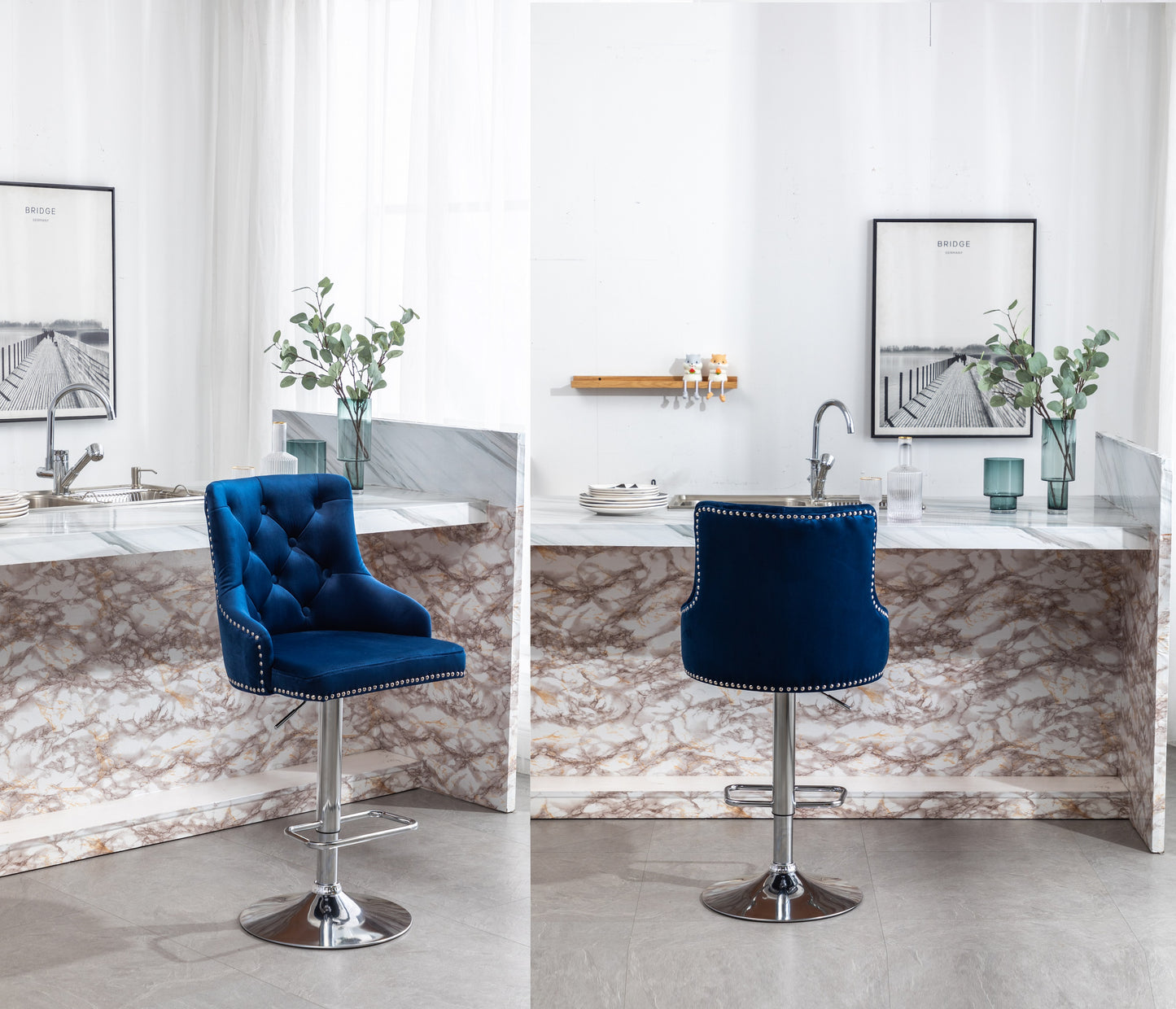 BTEXPERT Upholstered Dining Adjustable Seat, High Back Stool Bar Chairs Blue Tufted - Set of 2