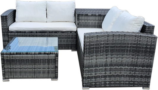 BTExpert 4-Piece Outdoor Sectional Sofa Set, Rattan Patio Storage Table & Cushions, Poolside Wicker Furniture, Summer Cream