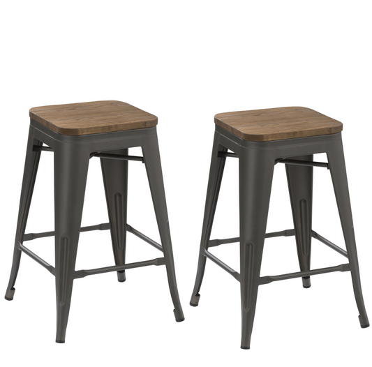 BTExpert 24" Metal Vintage Antique Gunmetal Counter Bar Stool Handmade Wood top - Set of 4