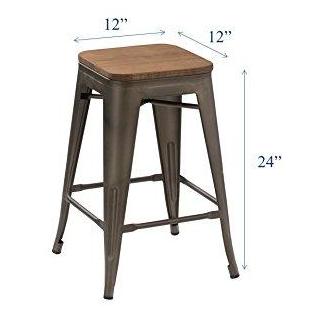 24" Antique Gunmetal stackable Metal Barstools Handmade Wood seat - Set of 2