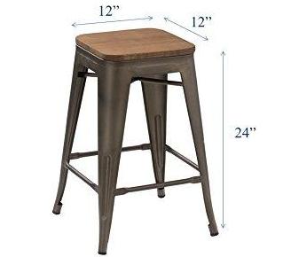 BTExpert 24" Metal Vintage Antique Gunmetal Counter Bar Stool Handmade Wood top - Set of 4