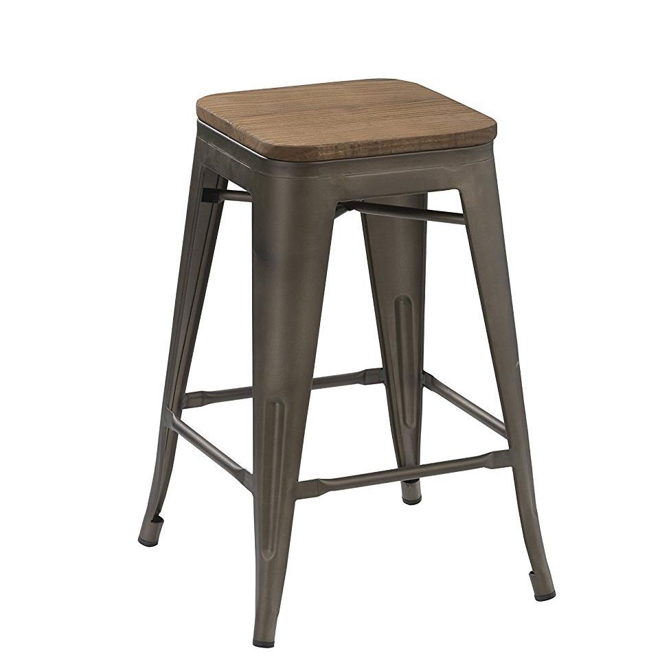 BTExpert 24" Metal Vintage Antique Gunmetal Counter Bar Stool Handmade Wood top - Set of 4