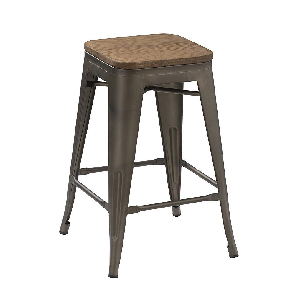 24" Antique Gunmetal stackable Metal Barstools Handmade Wood seat - Set of 2