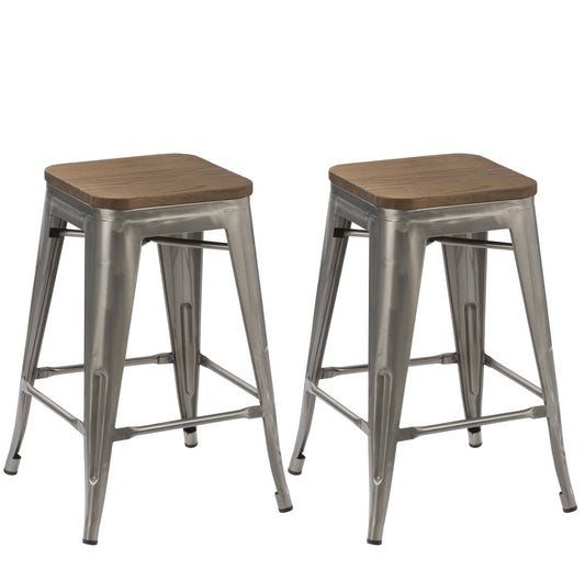 24" Metal Antique Brush Distressed Counter BarStool Wood seat - Set of 4