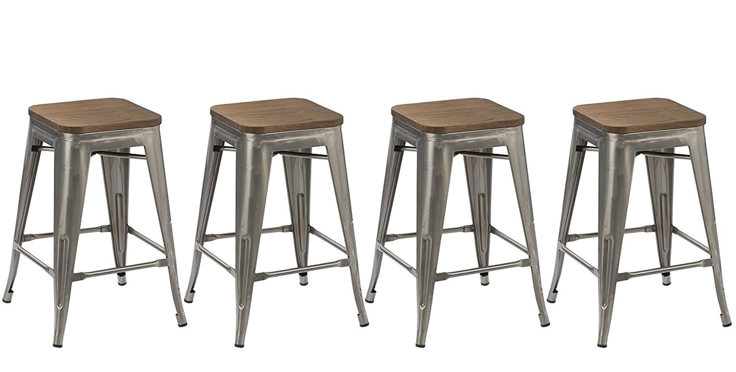 24" inch Metal Vintage Gunmetal Distressed Bar Stool Modern Wood top - Set of 2