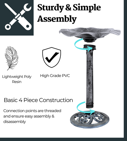 BTExpert Stone Grey Lily Leaf Pedestal Outdoor Garden Floral Bird Bath Decoration Accent