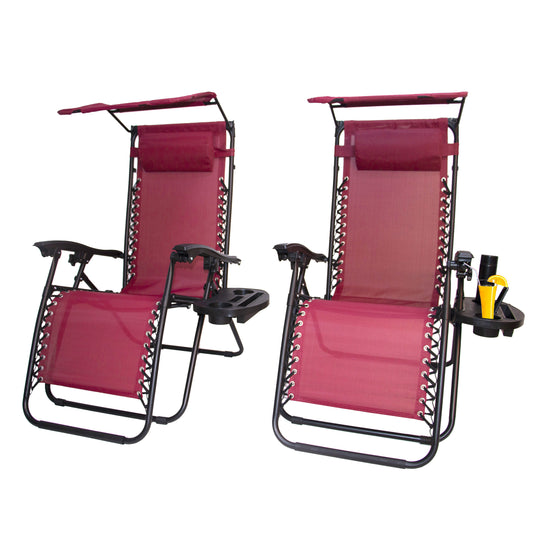BTExpert Gravity Lounge Chair Set, Outdoor Pool Patio Beach Garden with Sunshade & Cup Holder, Burgundy - Set of 2