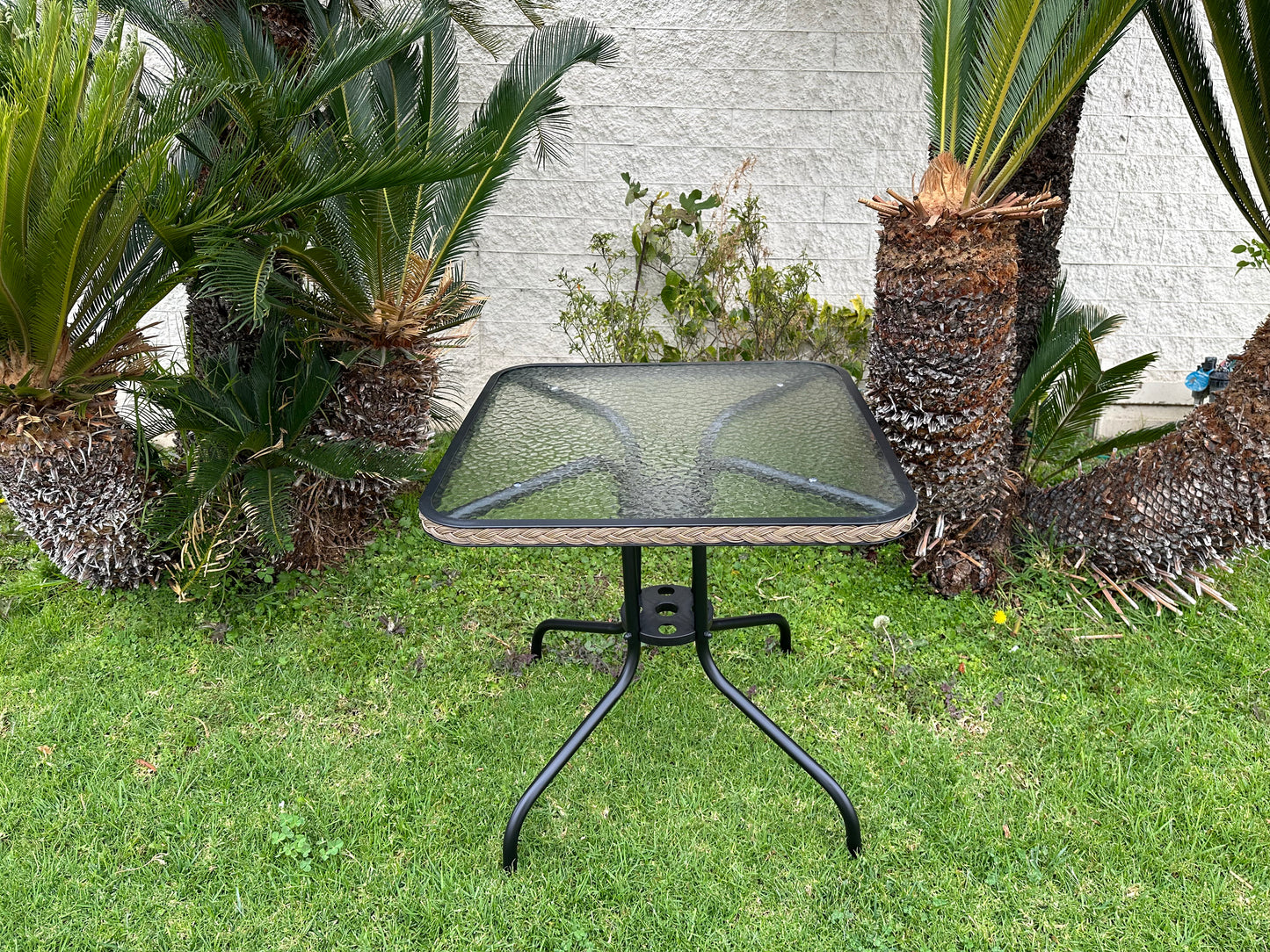 BTExpert Indoor Outdoor 28" Square Glass Metal Table w/ Brown Rattan + 2 Brown Sling Stack Chairs