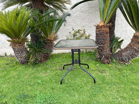BTExpert Indoor Outdoor 28" Square Glass Metal Table w/ Brown Rattan + 2 Gray Sling Stack Chairs