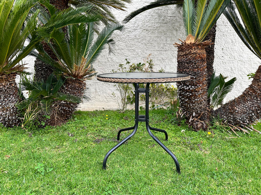 BTExpert Indoor Outdoor 28" Round Glass Metal Table w/ Brown Rattan + 4 Gray Sling Stack Chairs