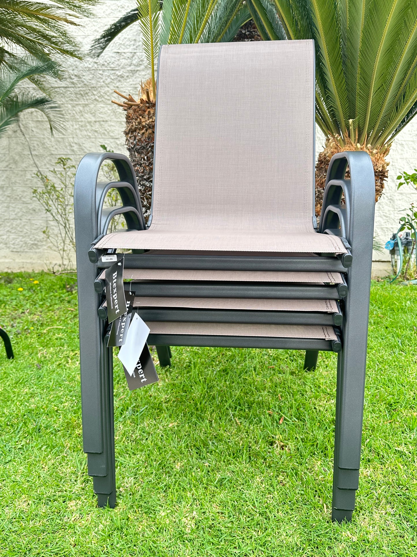 BTExpert Indoor Outdoor 28" Round Glass Table Brown Rattan Trim + 4 Brown Sling Stack Chairs