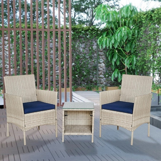 Outdoor 3-Piece Conversation Set (Tan/Navy Blue) PE Rattan Wicker Chairs with Tempered Glass Table