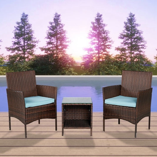 Outdoor 3-Piece Conversation Set (Aqua/Dark Brown) PE Rattan Patio Wicker Chairs with Tempered Glass Table