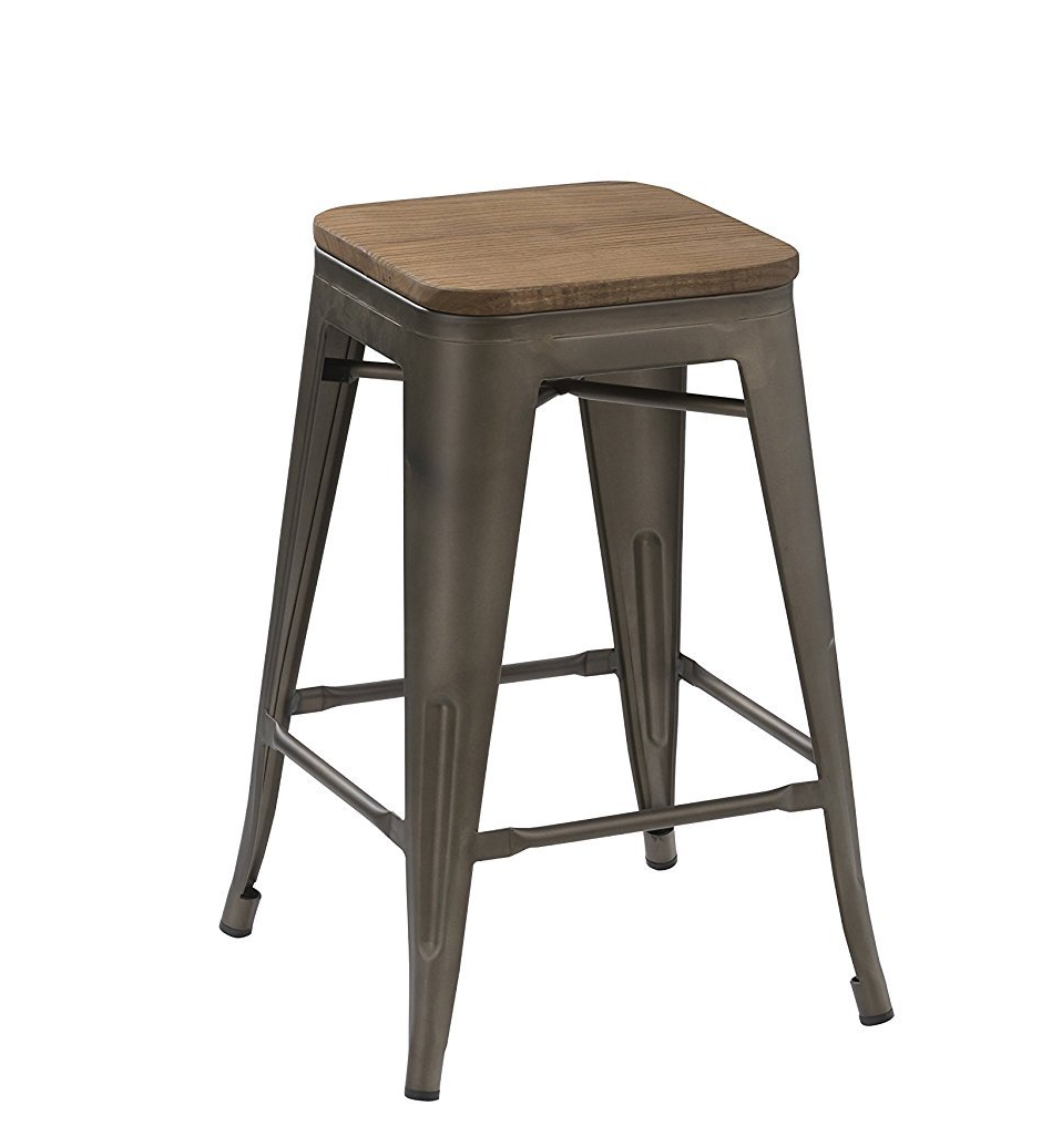 BTExpert 24" Metal Vintage Rustic Distressed BarStool Handmade Wood top - Set of 4