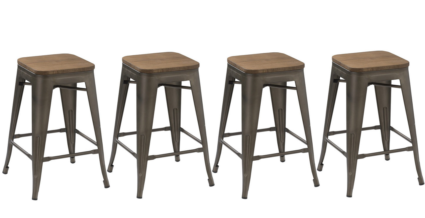 24" Antique Bronze Distressed Metal Barstools Handmade Wood top - Set of 2