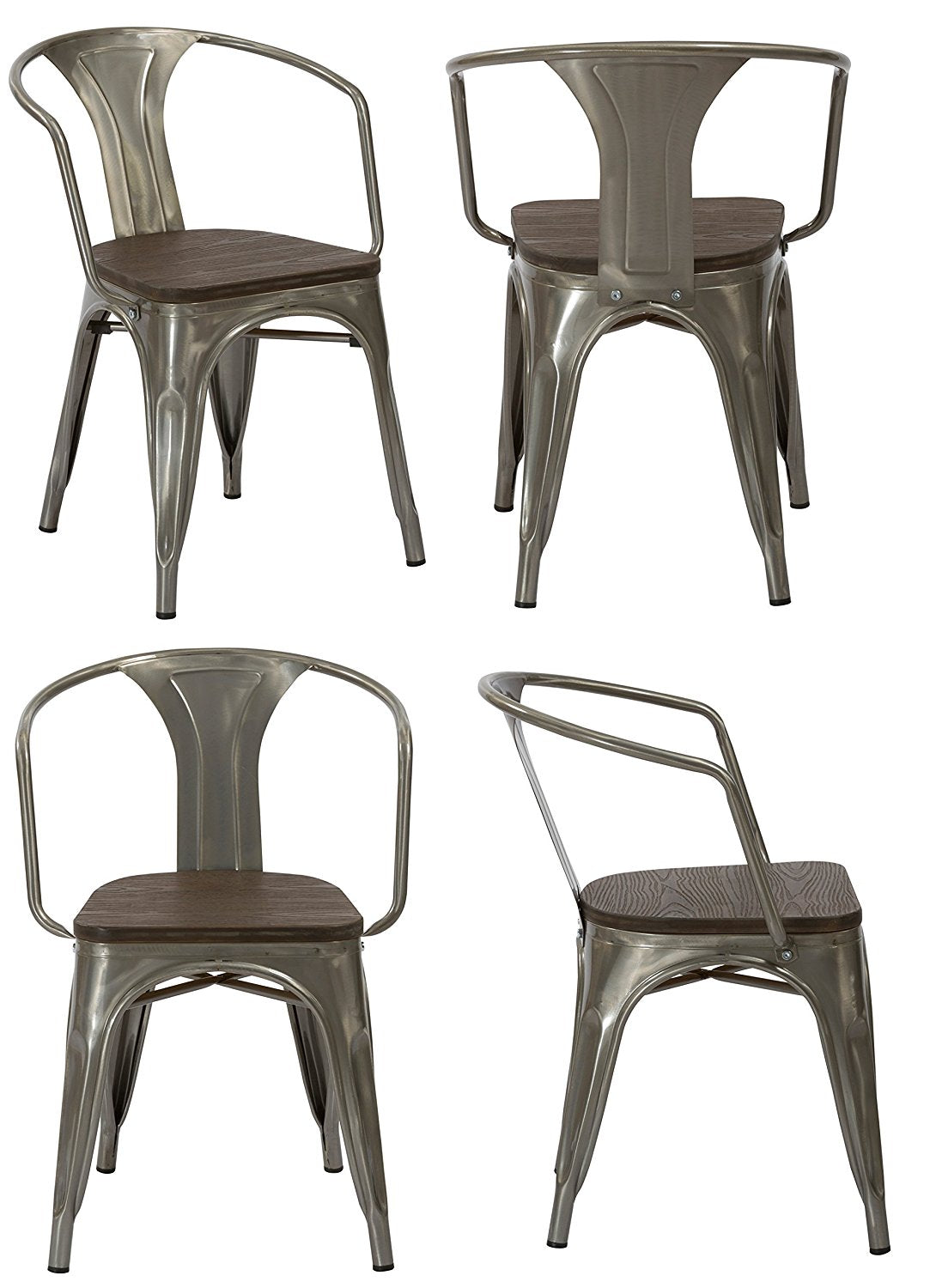 Industrial Antique Gunmetal Dining Commercial Metal Wood Arm Chairs - Set of 4